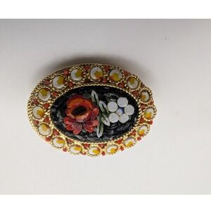 Vintage Italian Micro Mosaic Brooch Floral Red Rose White Flower Gold Tone Pin